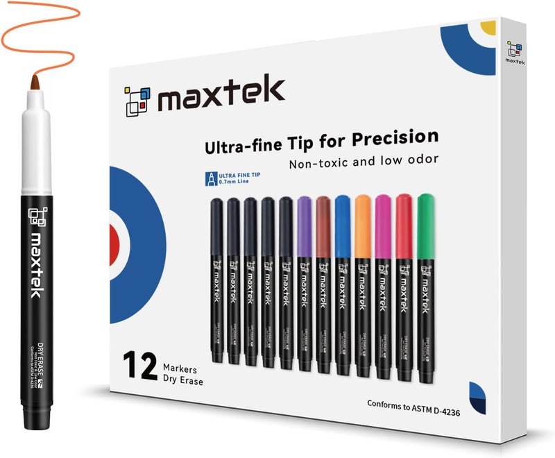 maxtek Dry Erase Markers Ultra Fine Tip, 0.7mm, Low Odor,12 Count Whiteboard Markers, 8 Assorted Colors - Image 1